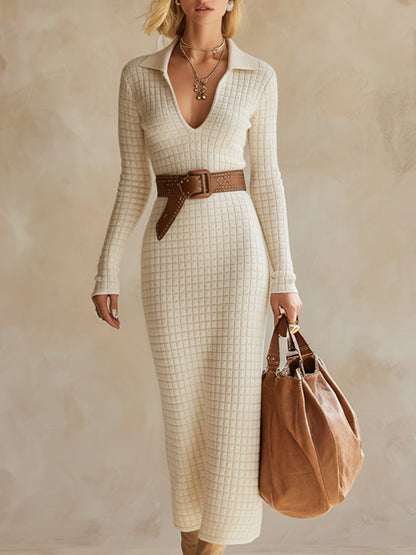 Exquisite And Classic Off-white Checkered Knit Maxi Dress