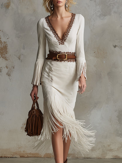Elegant Retro Lace-trimmed White Faux Suede Midi Dress