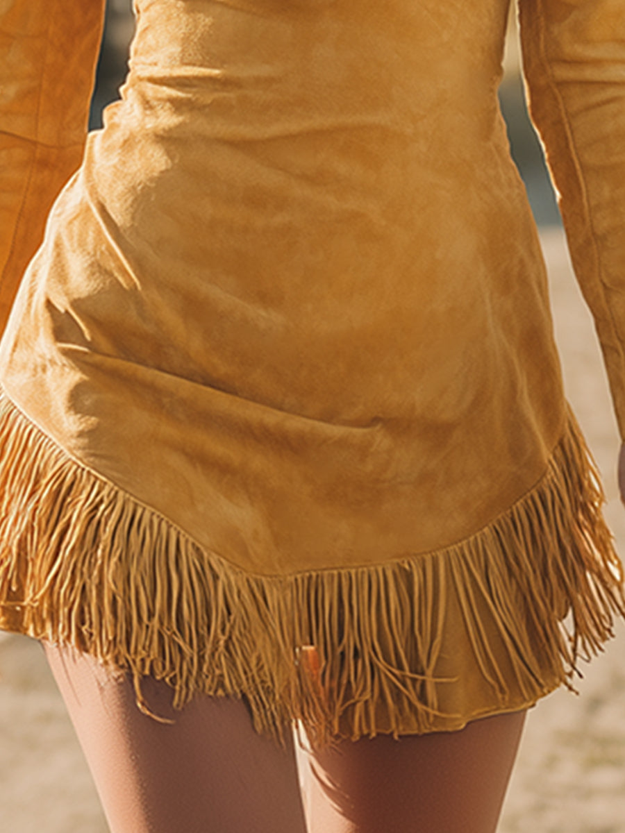 Stylish Retro Western-style Yellow Faux Suede Fringed Mini Dress