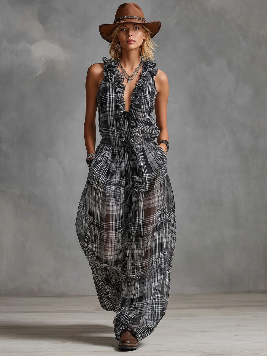 Ruffled V-neck Tie-waist Checkered Print Chiffon Sleeveless Jumpsuit