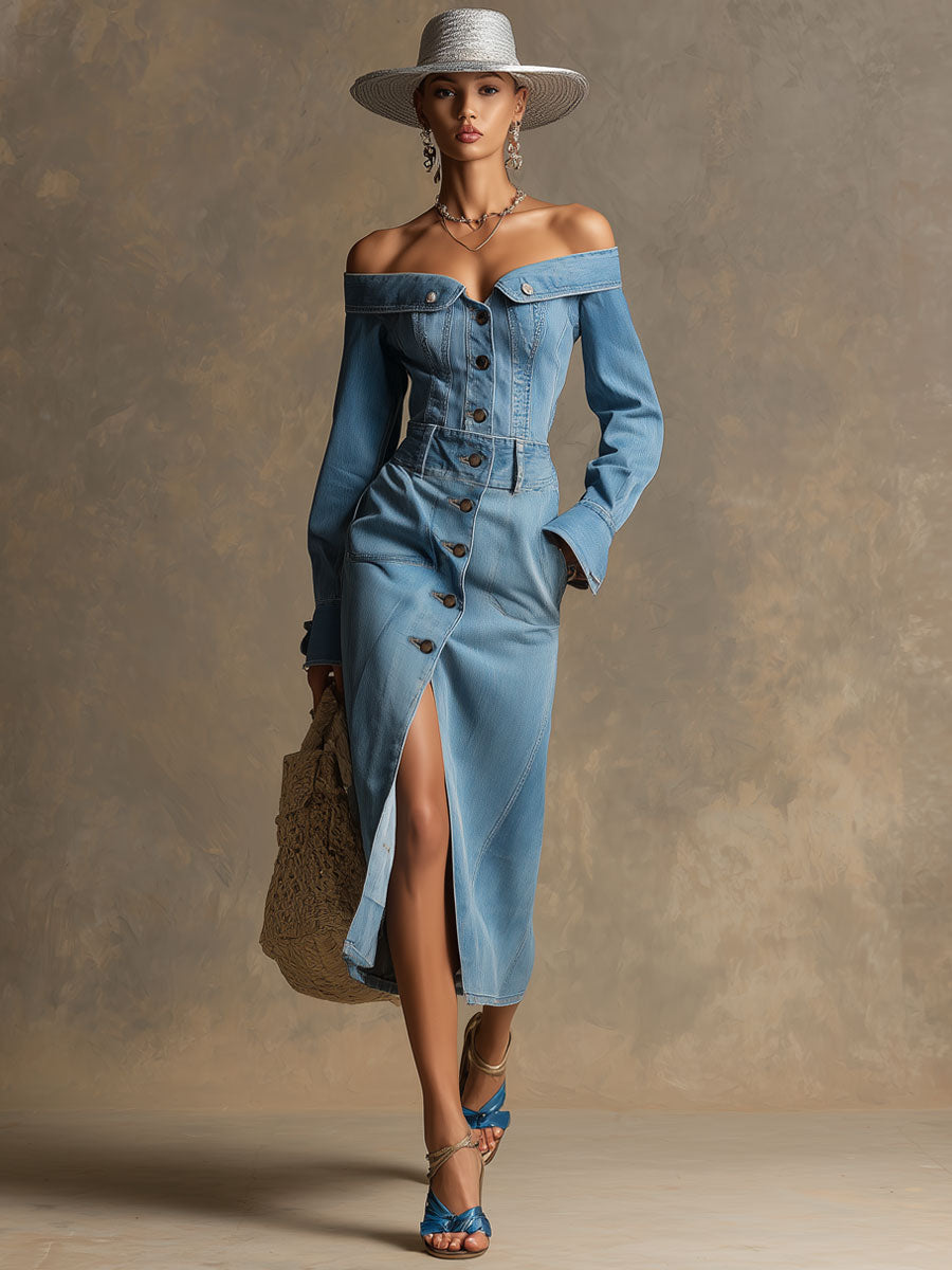 Fashionable Retro Off-shoulder Light Blue Denim Long-sleeved Midi Dress