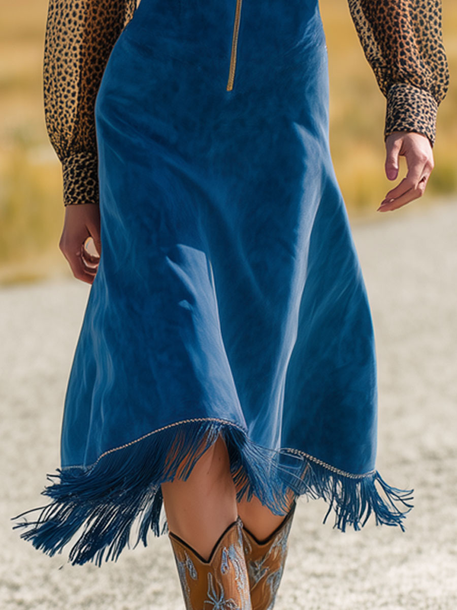 Western Retro Leopard Print Chiffon Long-Sleeved Blue Faux Suede Tassel Midi Dress