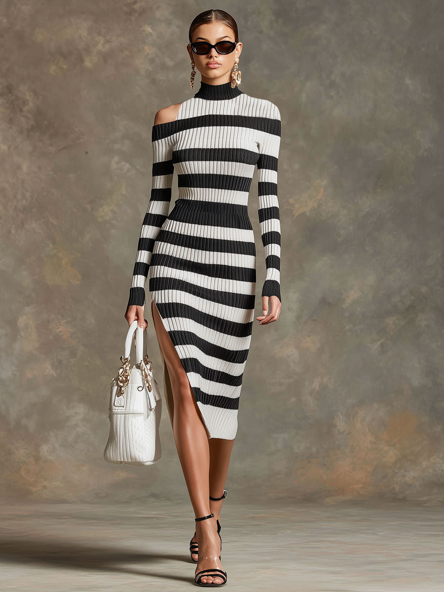 Retro Black And White Striped Knit Off-shoulder Slit Midi Dress
