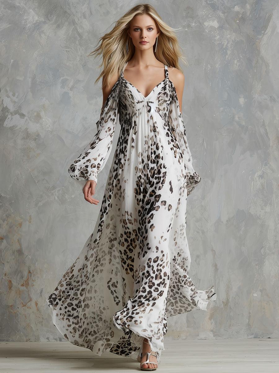 V-neck Off-the-shoulder Leopard Print Chiffon Long-sleeved Maxi Dress