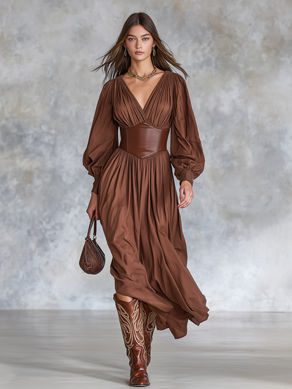 Retro V-neck Faux Leather Patchwork Cotton And Linen Midi Dress