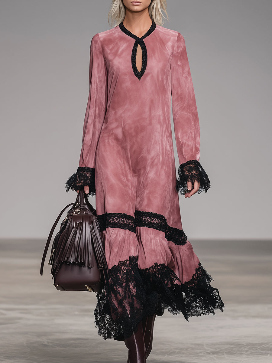 Western Pink Faux Suede Round Neck Hollow-Out Lace Maxi Dress