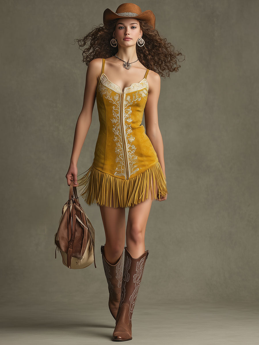 Western Retro Yellow Faux Suede Tassel Embroidered Sleeveless Mini Dress