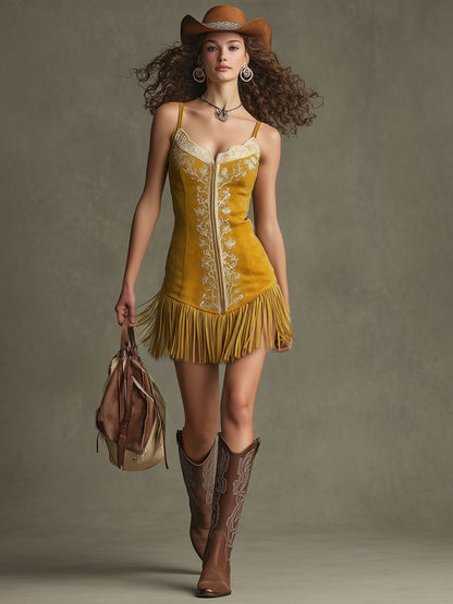 Western Retro Yellow Faux Suede Tassel Embroidered Sleeveless Mini Dress