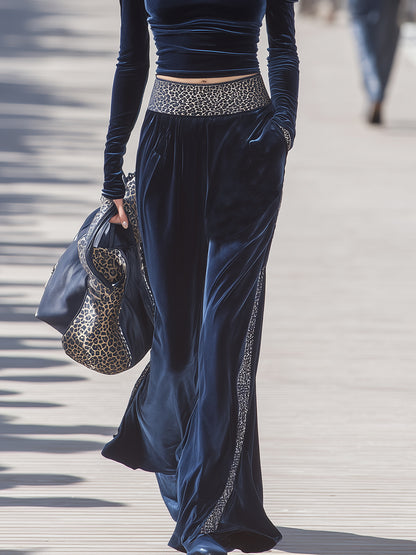 Stylish And Casual Leopard Print Trim Dark Blue Velvet Off-shoulder Top And Trousers Set