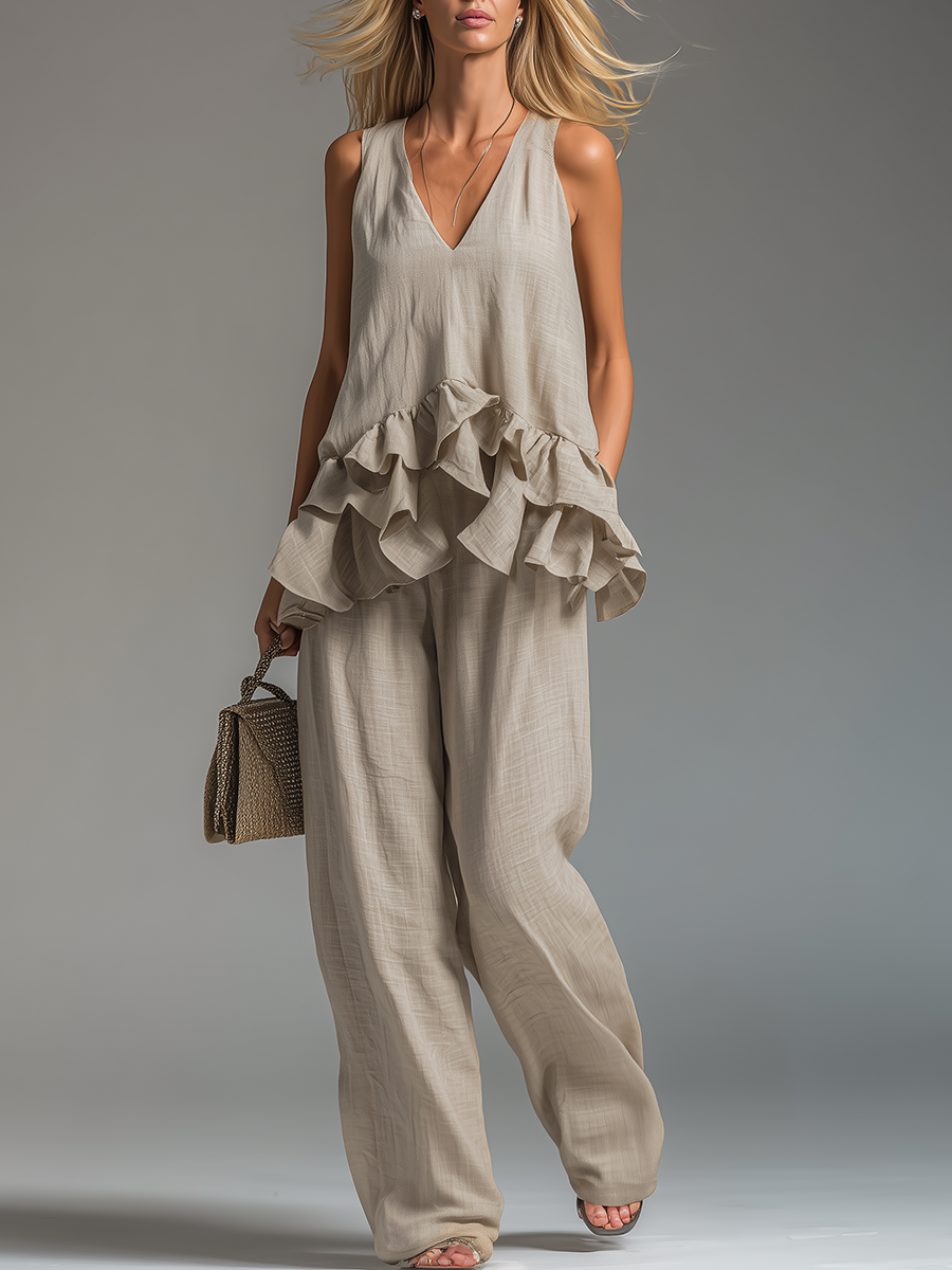 Stylish And Comfortable Ruffled Sleeveless Top And Trousers Set