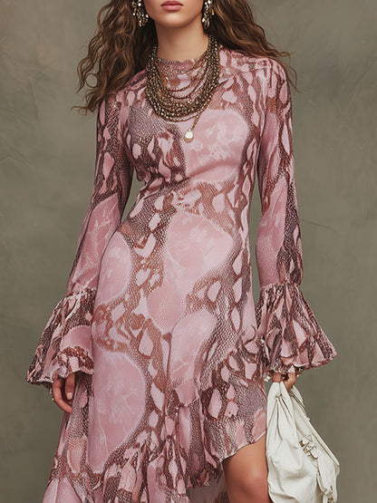 Retro Long-sleeved Pink Snakeskin Chiffon Ruffle Maxi Dress