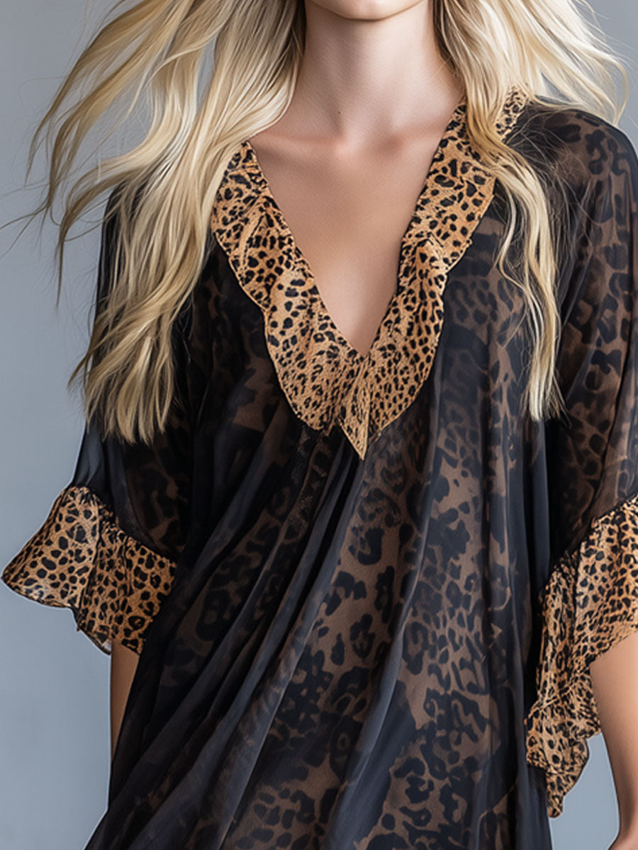 Leopard Print Chiffon Short-sleeved Mini Dress
