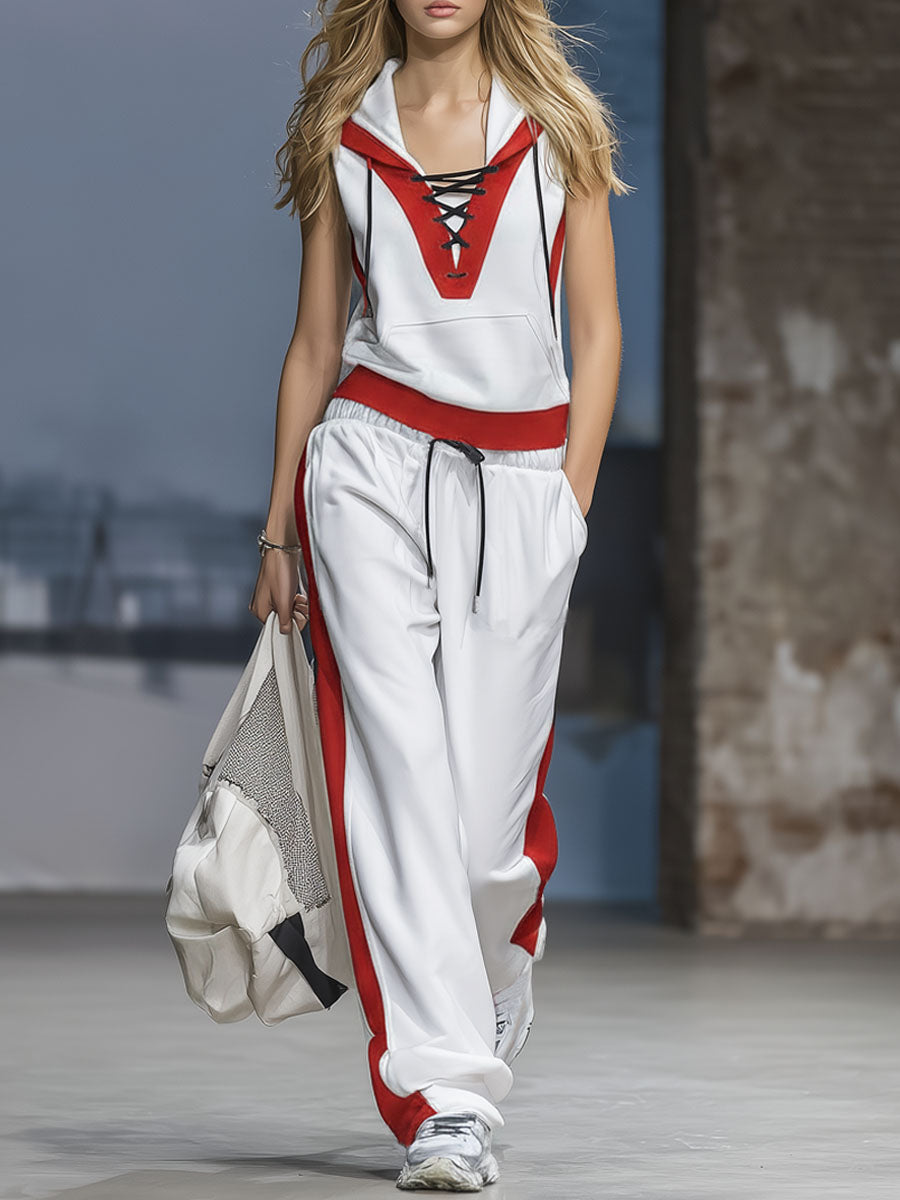 Casual Sporty Drawstring Hooded Sleeveless Top And Pants Set