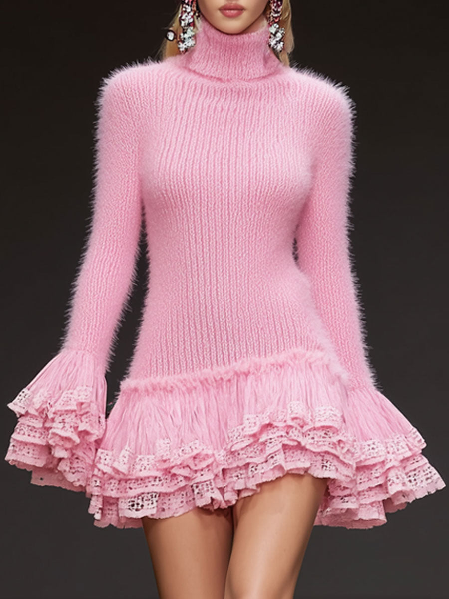 Fashionable Retro Lace Ruffle High Neck Long-haired Pink Knit Mini Dress