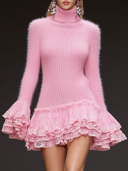 Fashionable Retro Lace Ruffle High Neck Long-haired Pink Knit Mini Dress