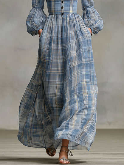 Western Retro Long-Sleeved Blue And White Checkered Chiffon Maxi Dress