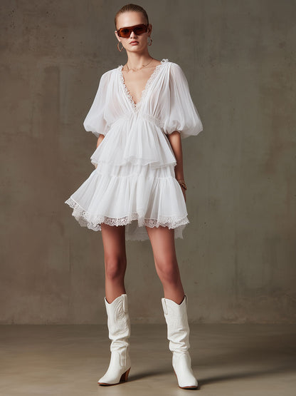 Fashionable Retro Lace White Pleated Chiffon Mini Dress
