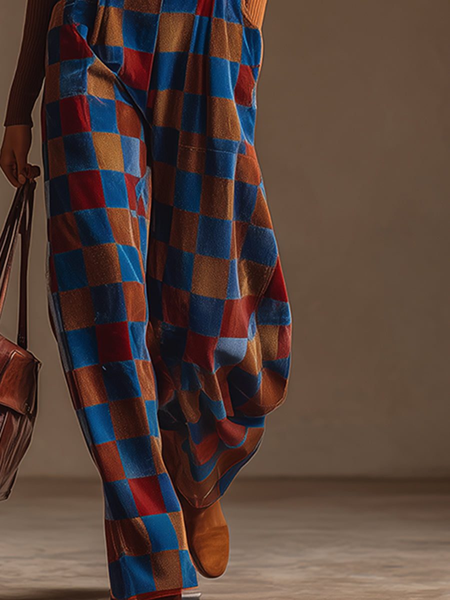 Retro Blue-brown Checkered Wide-leg Overalls