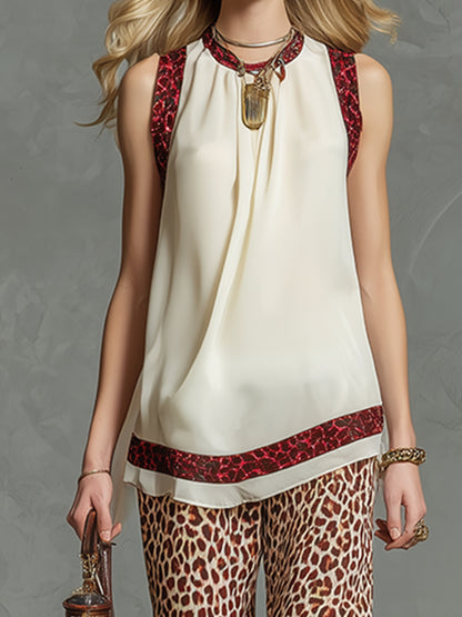 Stylish And Elegant Beige Chiffon Top And Leopard Print Trousers Set