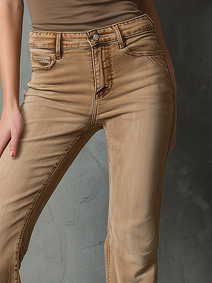 Stylish And Retro Versatile Khaki Denim Flared Pants