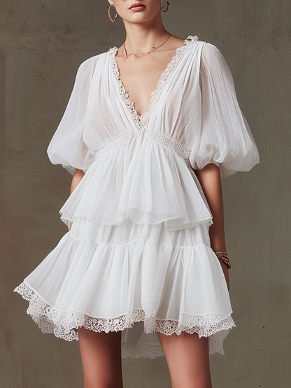 Fashionable Retro Lace White Pleated Chiffon Mini Dress