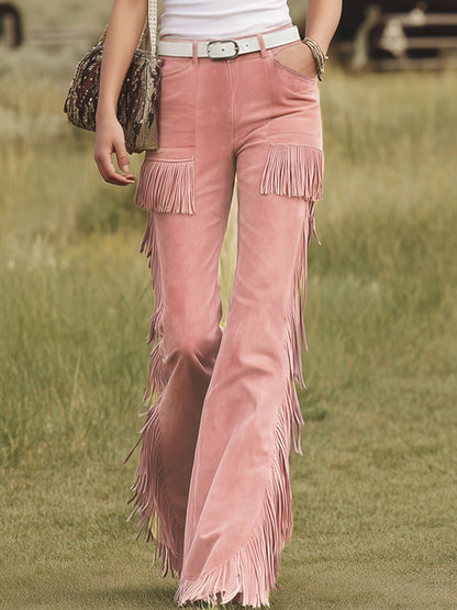 Western-style Pink Faux Suede Fringed Pants