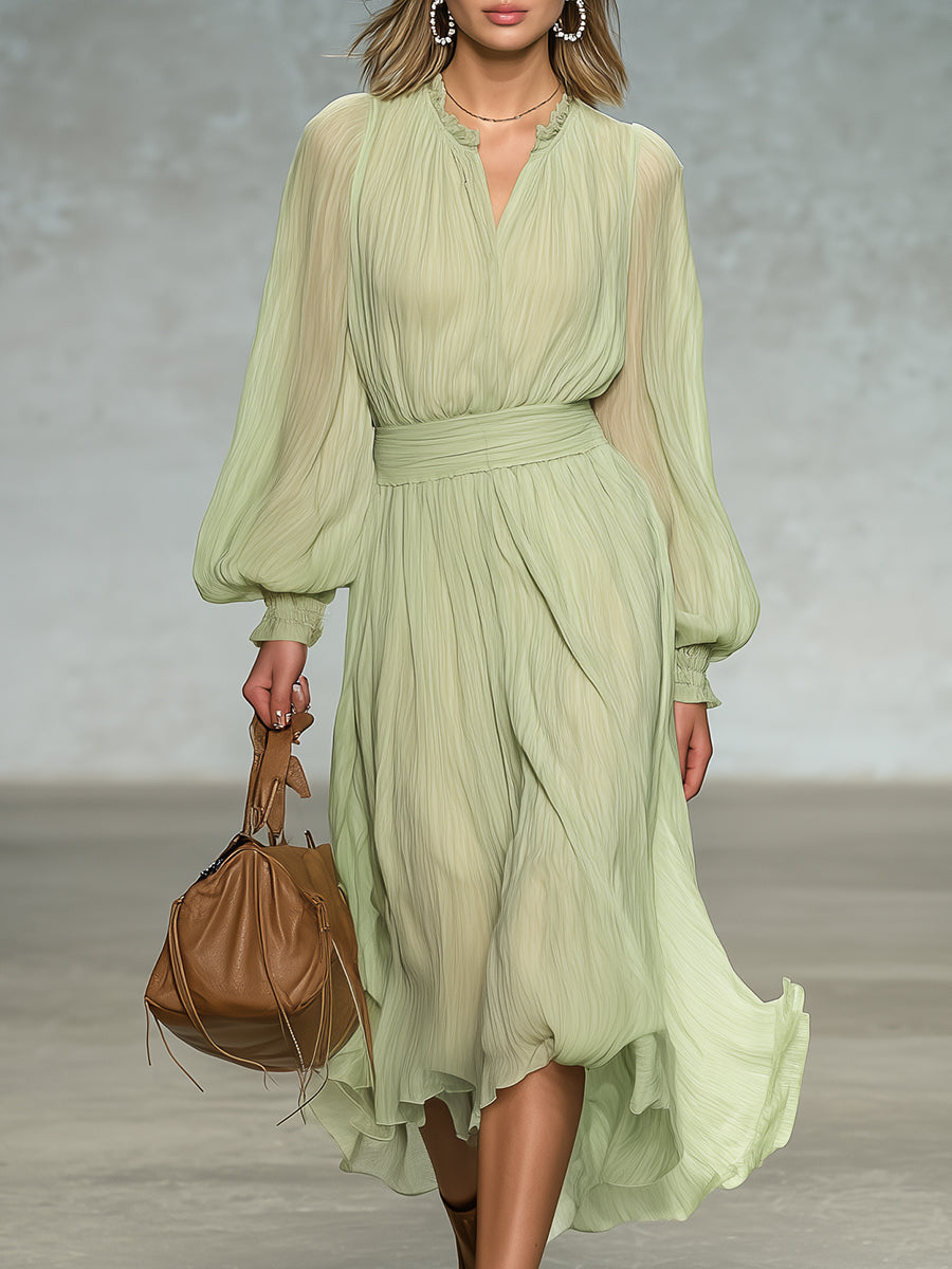 Elegant Green Chiffon With Ruffled Trim And Pleats Midi Dress