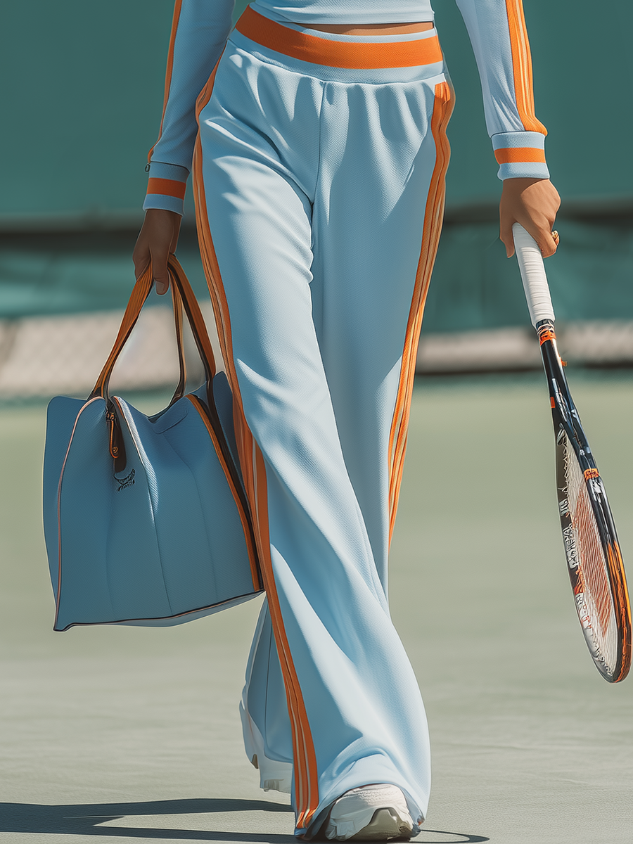 Athletic And Casual Color-blocked Stand-collar Top And Flared Pants Set