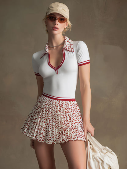 Sporty Retro White Lycra Pleated Leopard Print Chiffon Skirt Set