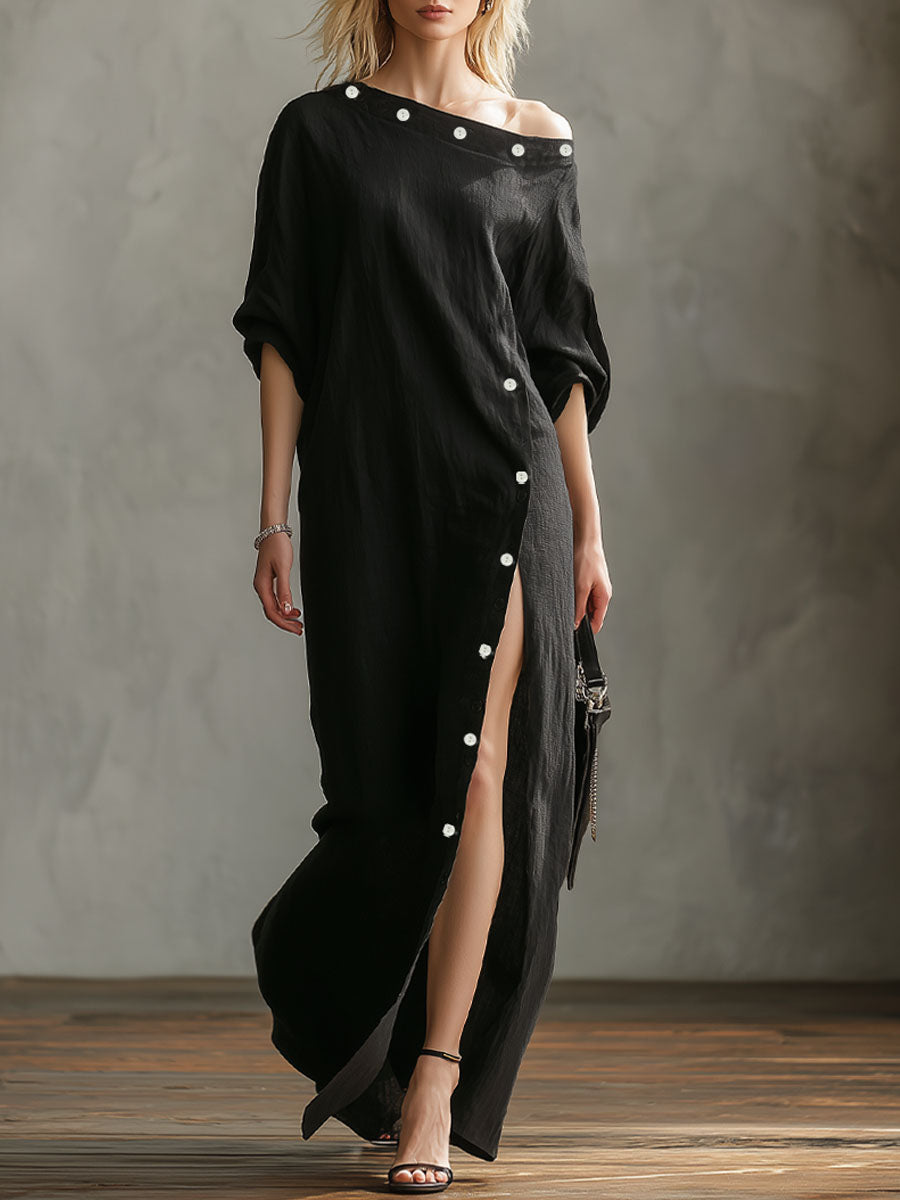 Slanted Neckline Off-the-shoulder Slit Buttons Maxi Dress