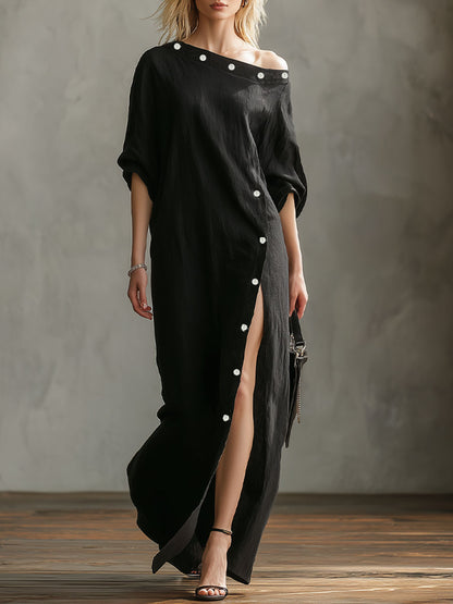 Slanted Neckline Off-the-shoulder Slit Buttons Maxi Dress
