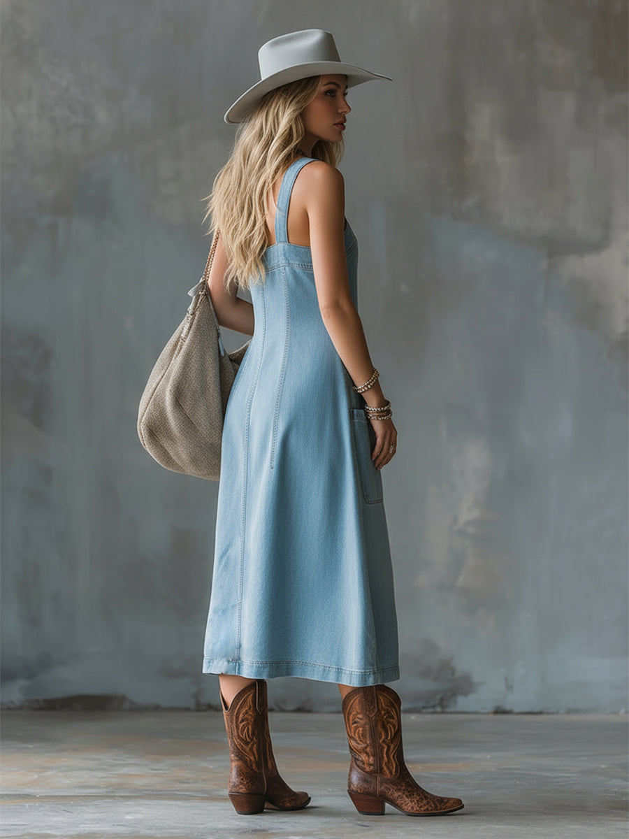 Vintage Elegant Suspender Blue Denim Front Button Square Neck Sleeveless Midi Dress