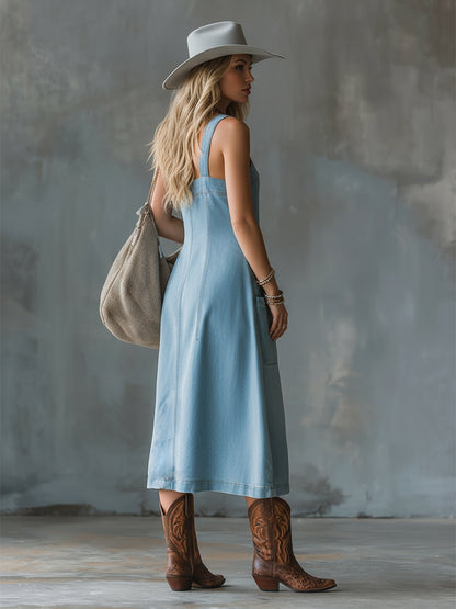 Vintage Elegant Suspender Blue Denim Front Button Square Neck Sleeveless Midi Dress