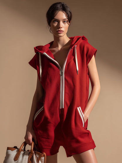 Hooded Zippered Color-blocked Double-pocket Sleeveless Short Jumpsuit