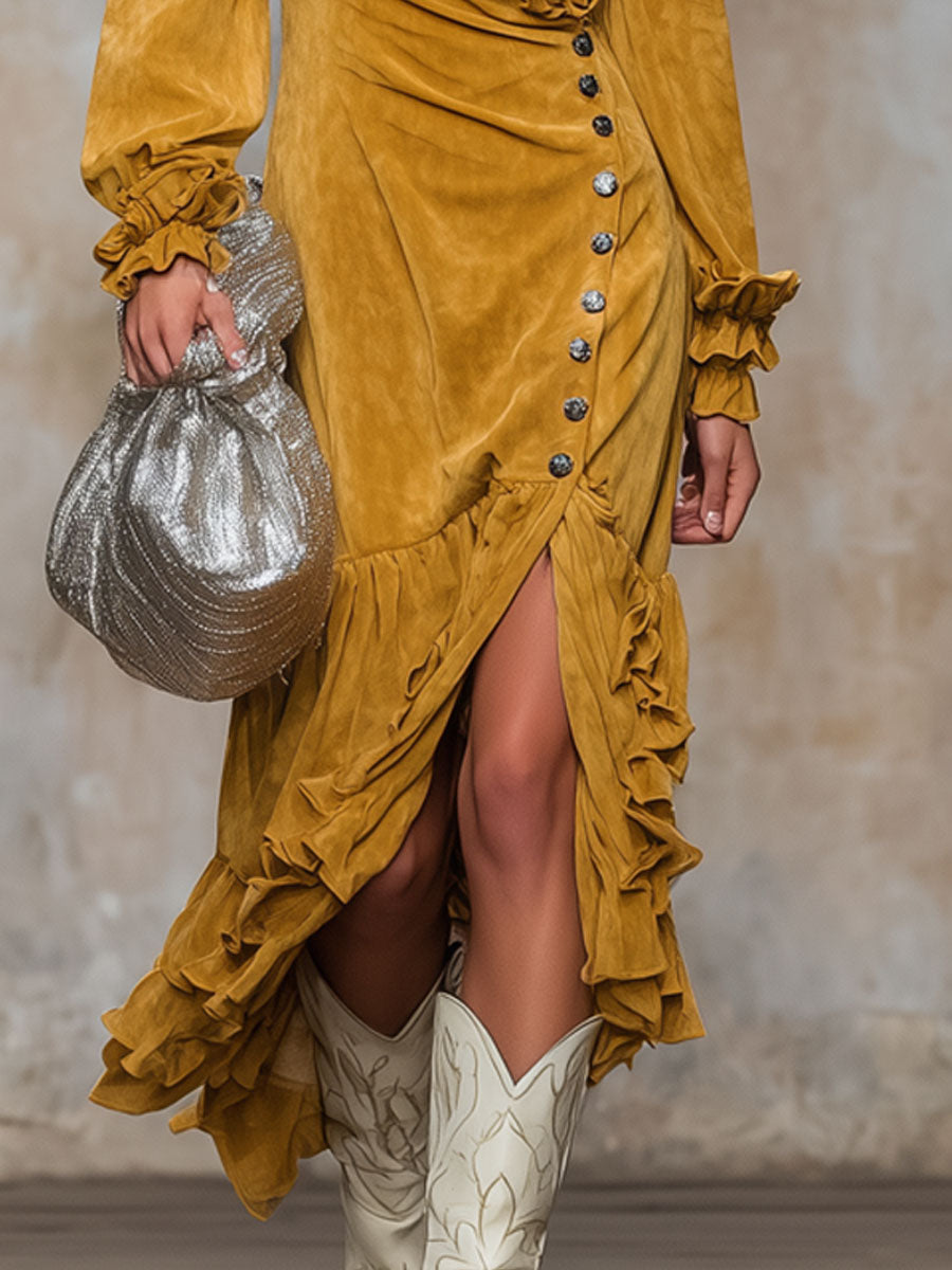 V-neck Ruffled Button-front Slit Faux Suede Long-sleeved Midi Dress