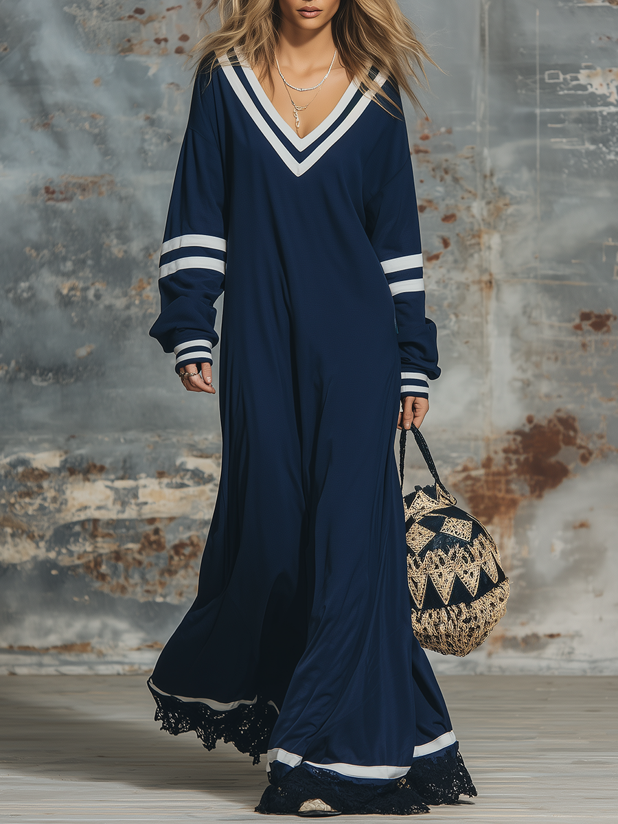 Retro Sporty V-neck Color-blocked Striped Lace-trimmed Maxi Dress