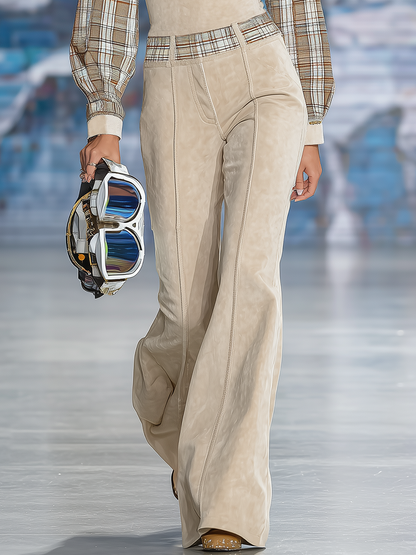 Elegant Plaid Patchwork Faux Suede Top And Flared Trousers Set