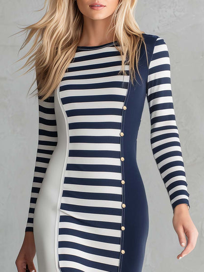 Elegant Retro Exquisite Round Neck Navy And White Contrast Striped Stretch Cotton Slit Midi Dress
