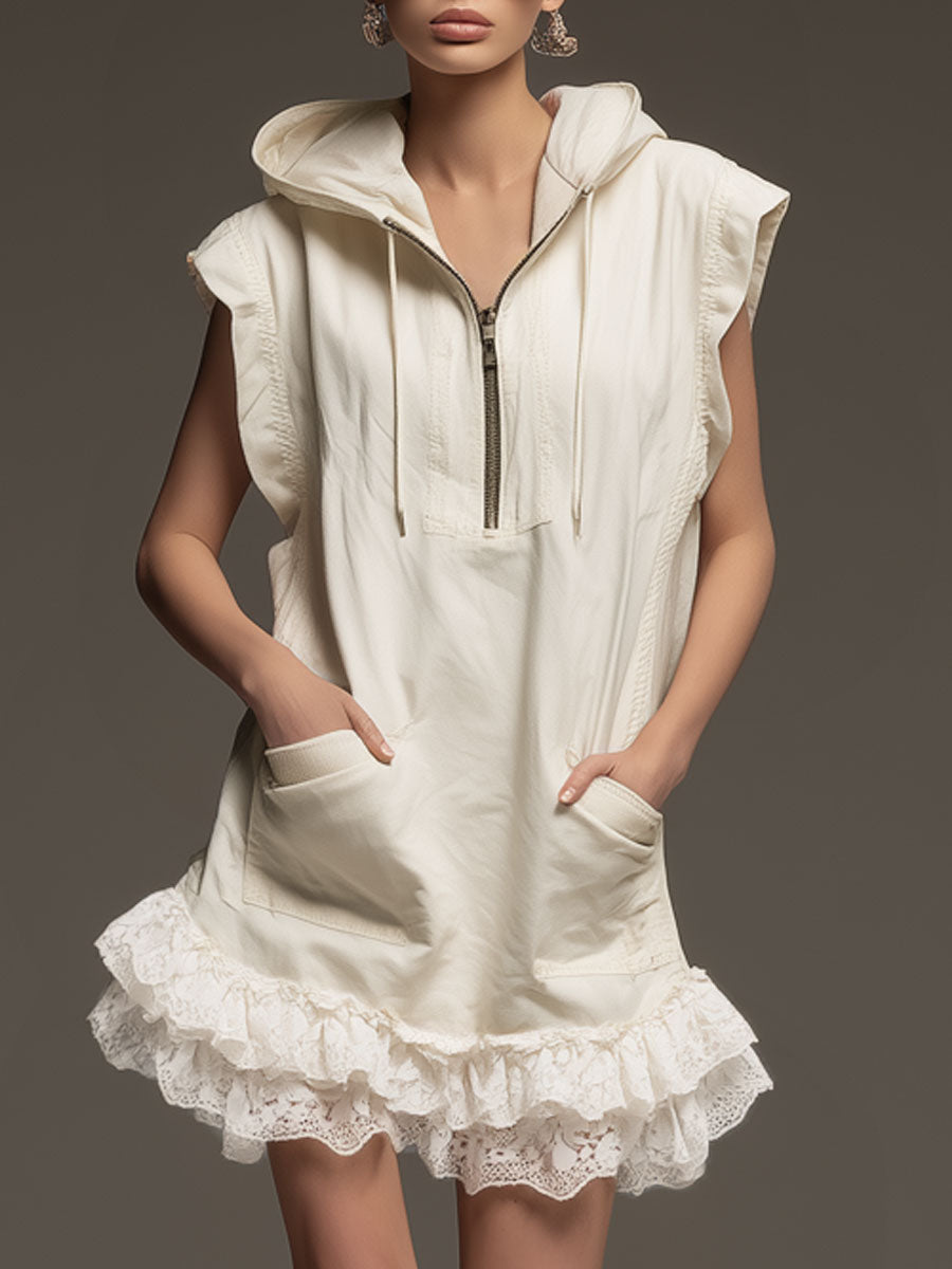 Casual Retro Lace Ruffled Off-white Tencel Denim Hooded Mini Dress