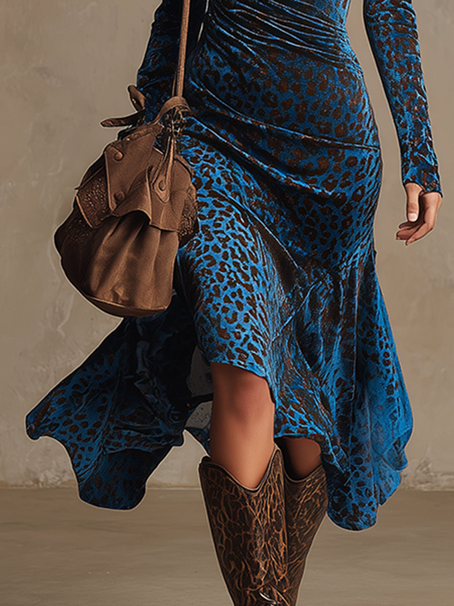 Chic Urban Royal Blue Leopard Print Velvet Midi Dress