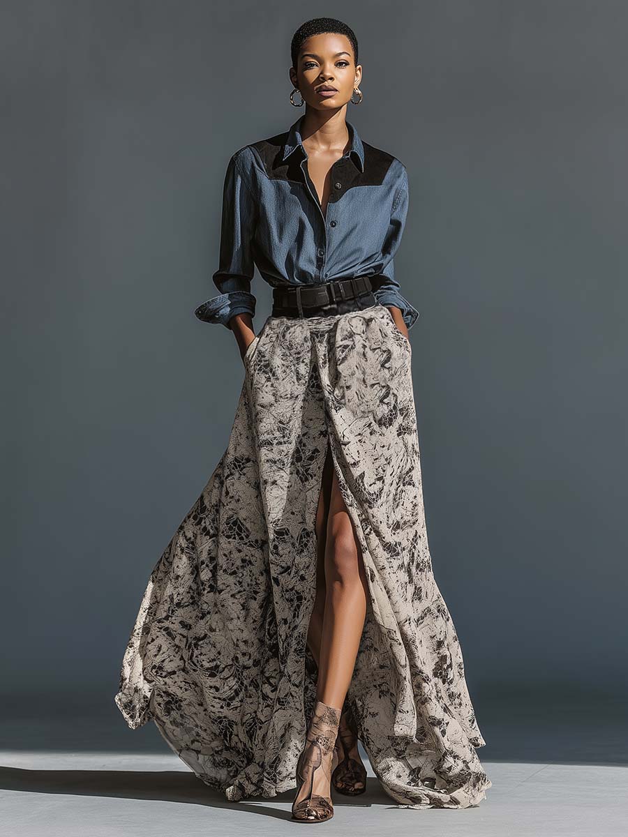 Retro Fashion Lapel Front Button Denim Patchwork Chiffon Printed Hem Slit Maxi Dress