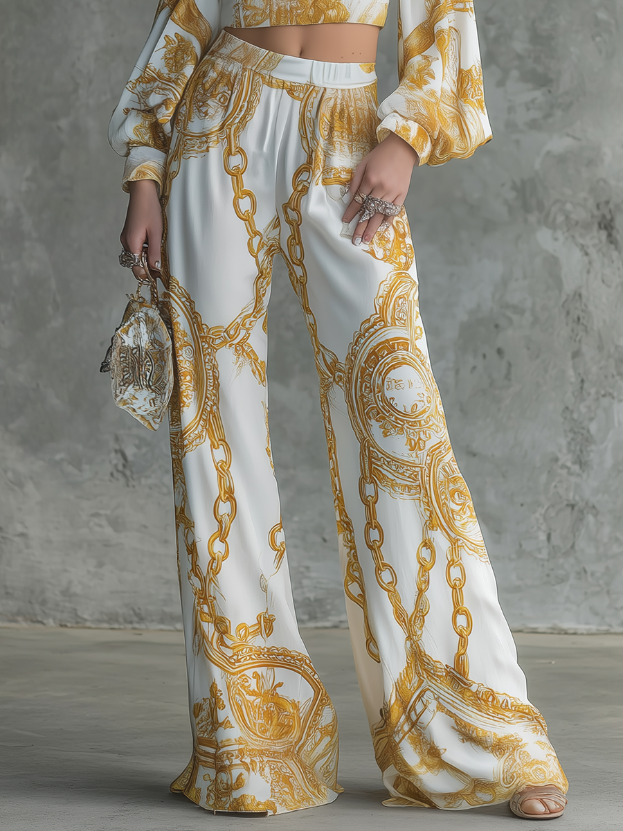 Retro And Elegant Chain Print Halter Neck Chiffon Top And Wide-leg Pants Set