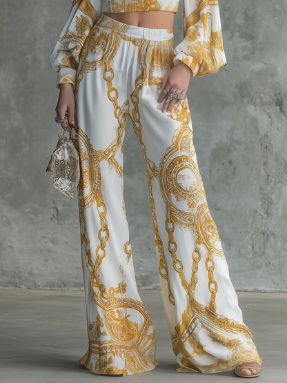 Retro And Elegant Chain Print Halter Neck Chiffon Top And Wide-leg Pants Set