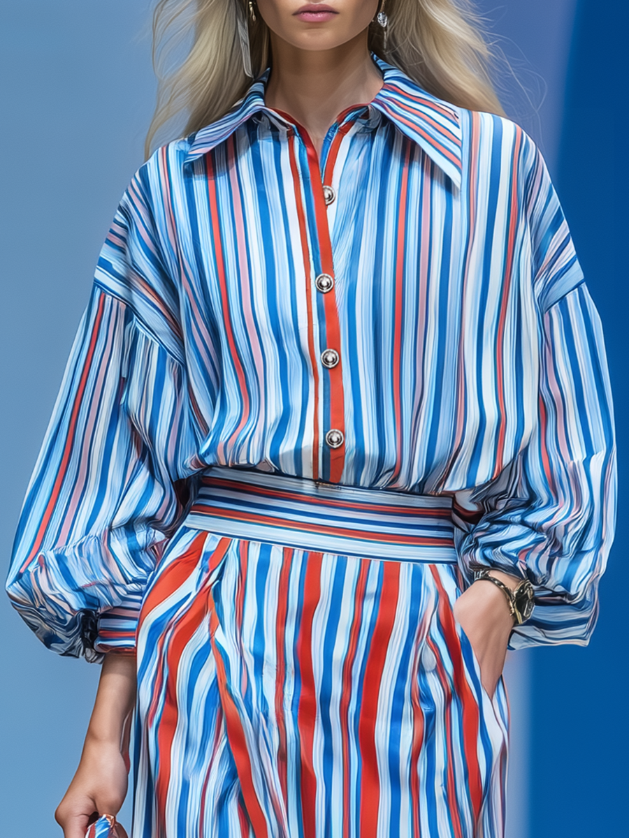Retro Urban Colorful Striped Collared Shirt Long Dress