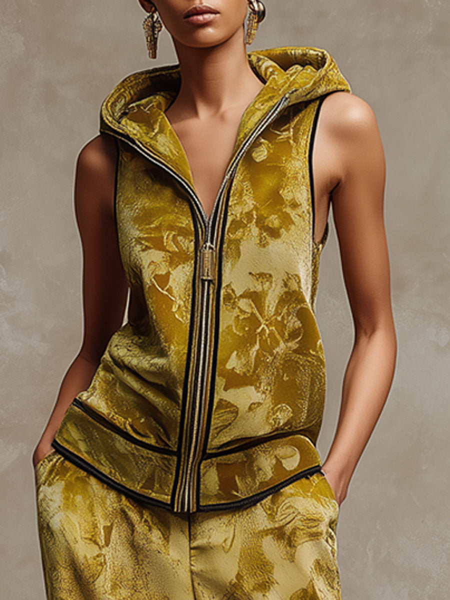 Sporty Retro Camouflage Yellow-Green Velvet Sleeveless Hoodie Wide-Leg Pants Set