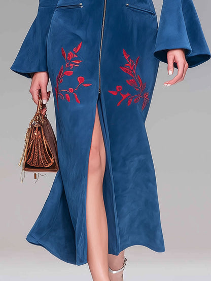 Western Style Vintage Embroidered Blue Faux Suede Midi Dress