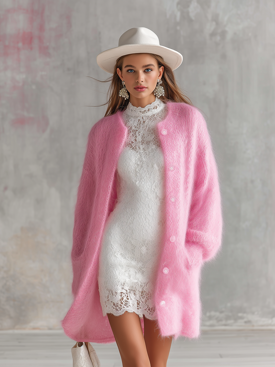 Elegant Vintage-inspired Relaxed-fit Solid Color Mid-length Mohair Cardigan