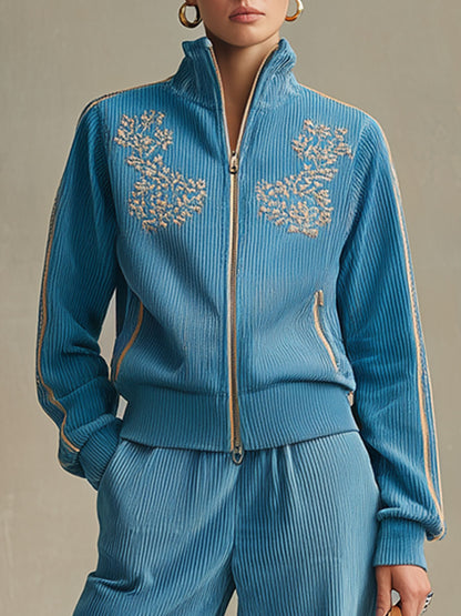 Sporty Retro Embroidered Blue Corduroy Zipper Sweatshirt And Wide-Leg Pants Set