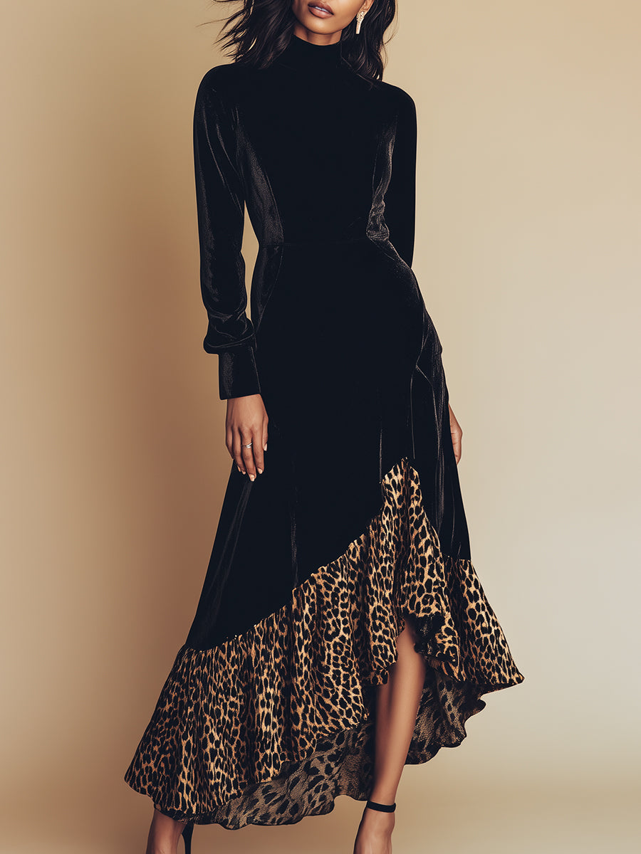 High-end Western-style Irregular Leopard Print Hem Black Velvet Maxi Dress