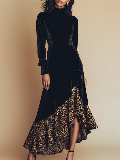 High-end Western-style Irregular Leopard Print Hem Black Velvet Maxi Dress